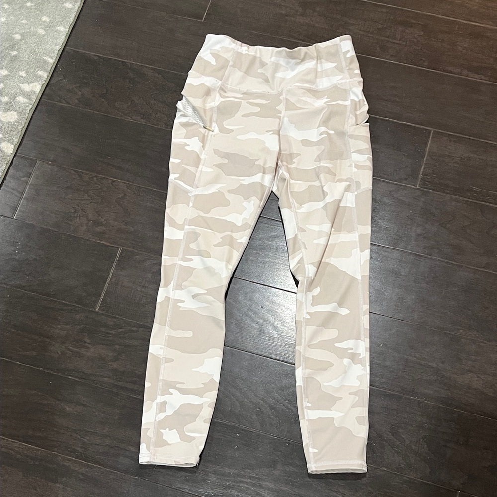 Athleta Camo Leggings in Tan and Cream and grey